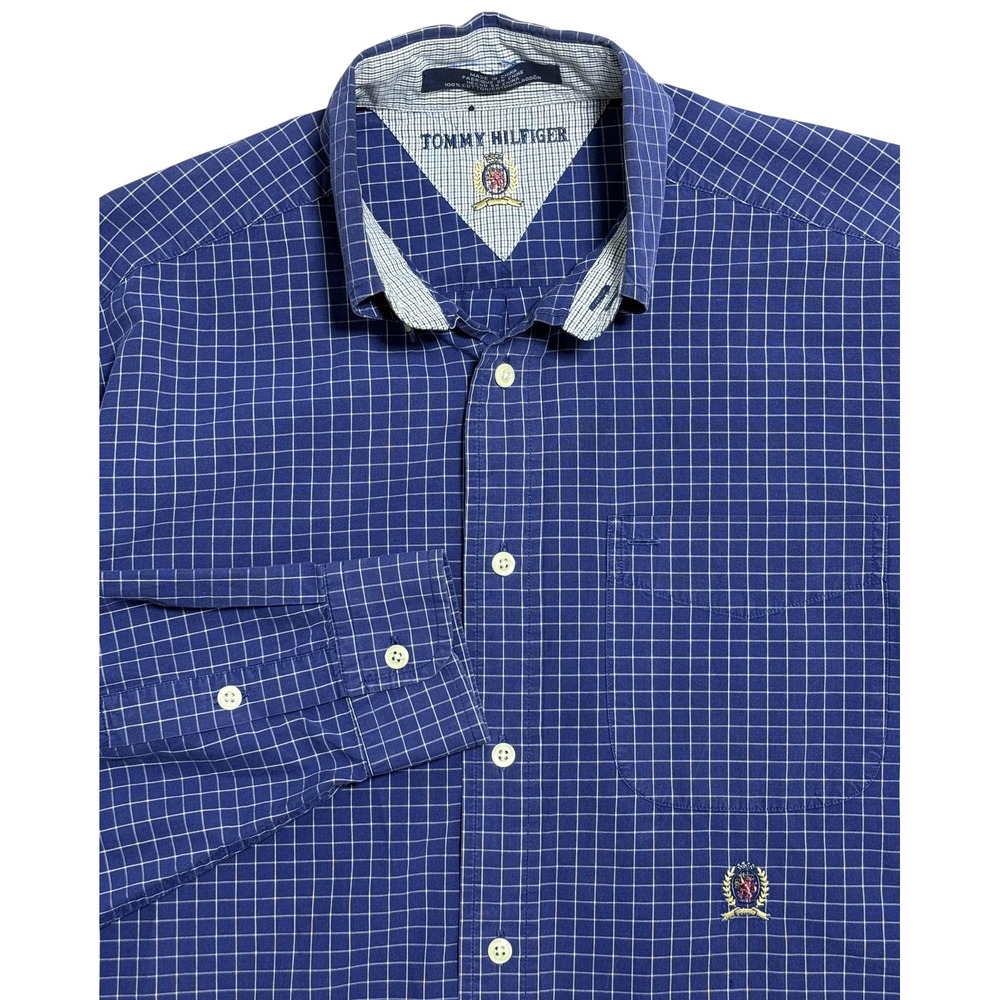 Tommy Hilfiger Shirt Mens Small Blue Check Button Down Long Sleeve Crest Pocket